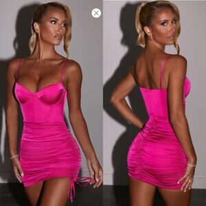 Oh Polly Timeless Romance Ruched Asymmetric Satin Pink Mini Dress Night Out SZ 6